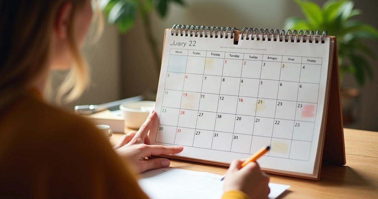 Pessoa organizando agenda incluindo momentos de descanso e autoconhecimento 