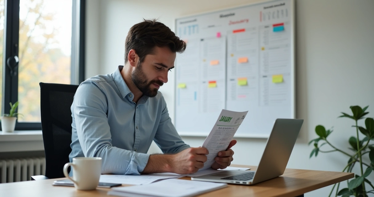 Dono de empresa em escritório revisando agenda com laptop e papéis. 