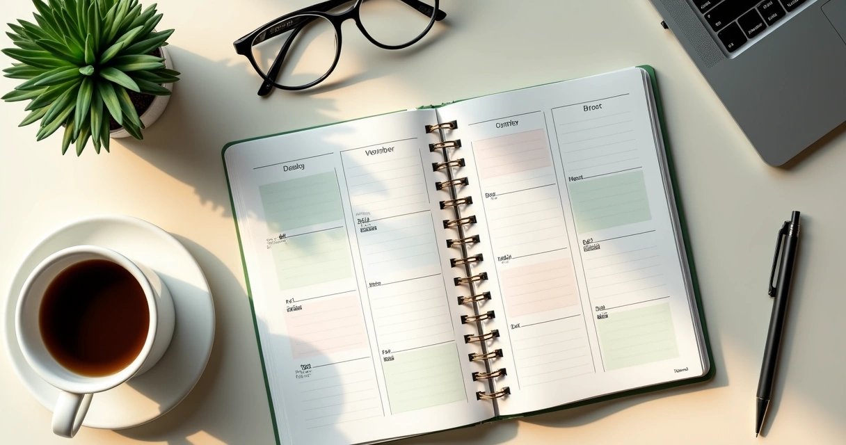 Mesa com agenda semanal e xícara de café em ambiente de trabalho