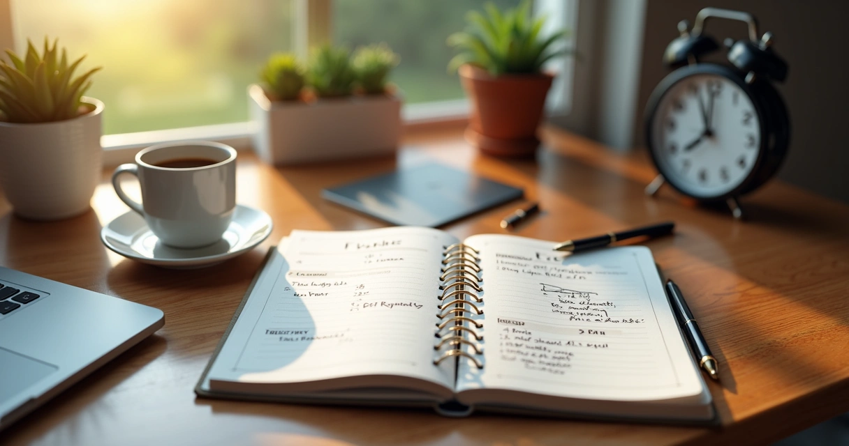 Agenda abierta con anotaciones de tareas y momentos de descanso 