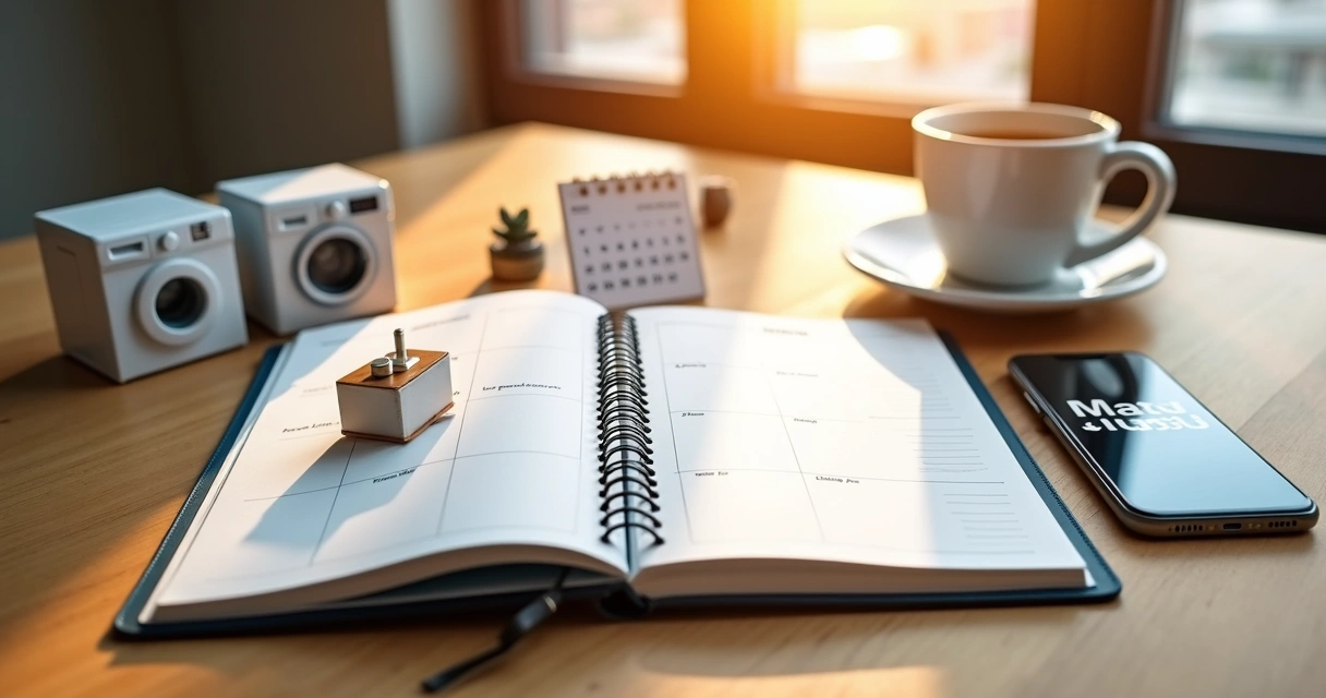 Agenda aberta com eletrodomésticos ao lado e marca MaqLav 