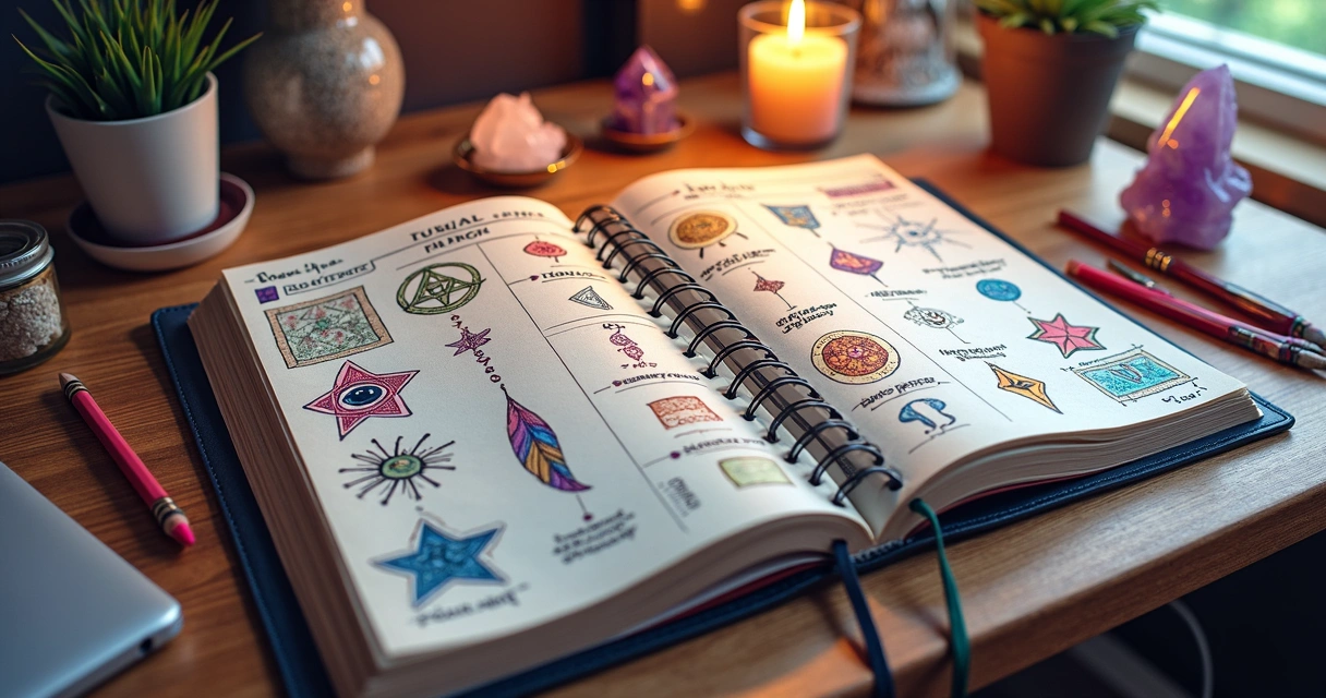 Agenda aberta decorada com símbolos esotéricos desenhados nas margens 