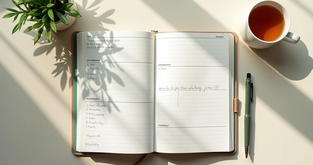 Agenda abierta junto a una taza y una planta en un escritorio 