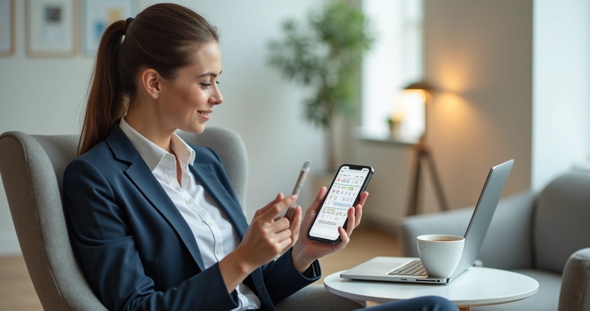 Mulher verificando agenda no celular sentada em uma poltrona 