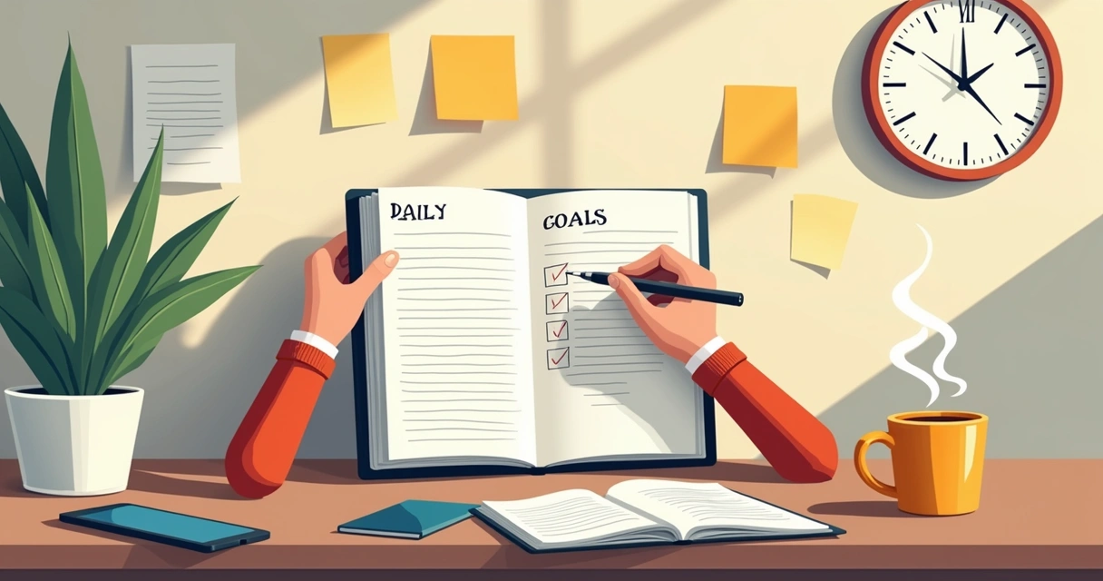 Pessoa replanejando metas no planner com café e celular ao lado 