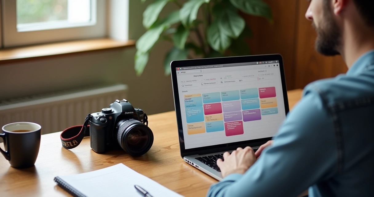 Fotógrafo organizando agenda digital de sessões 
