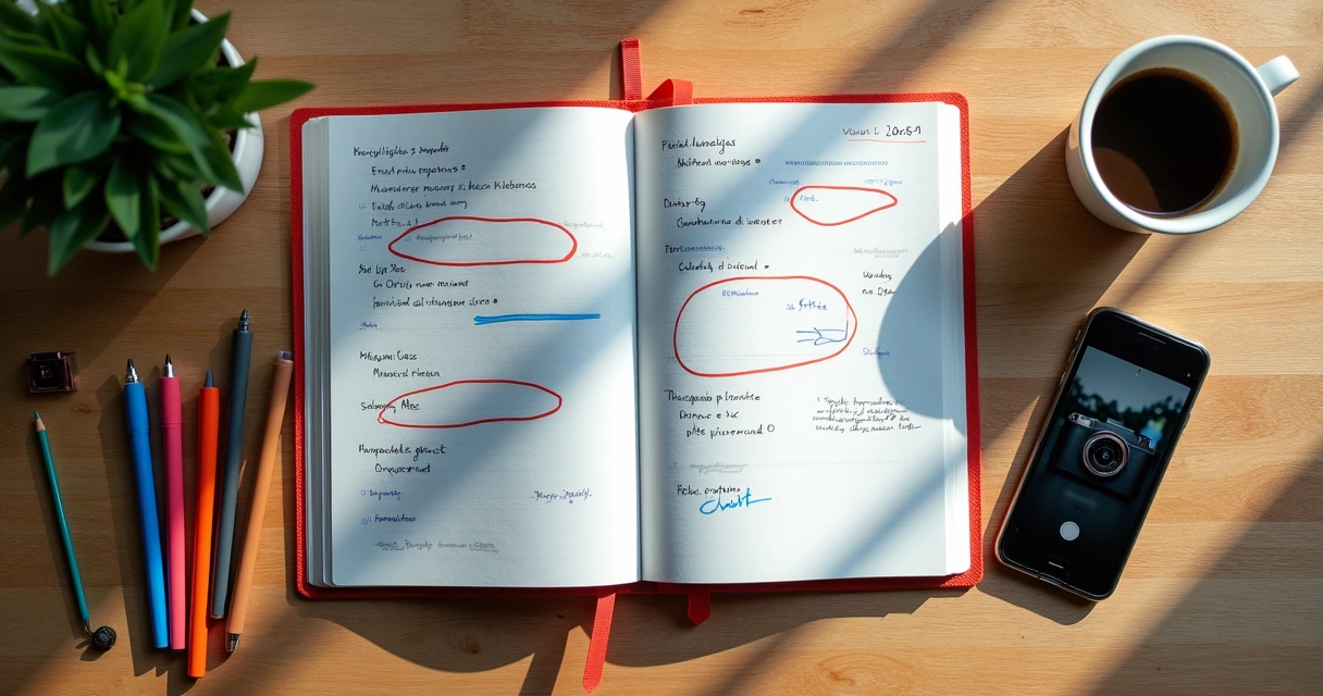 Agenda de fotógrafo aberta com anotações coloridas e datas destacadas 