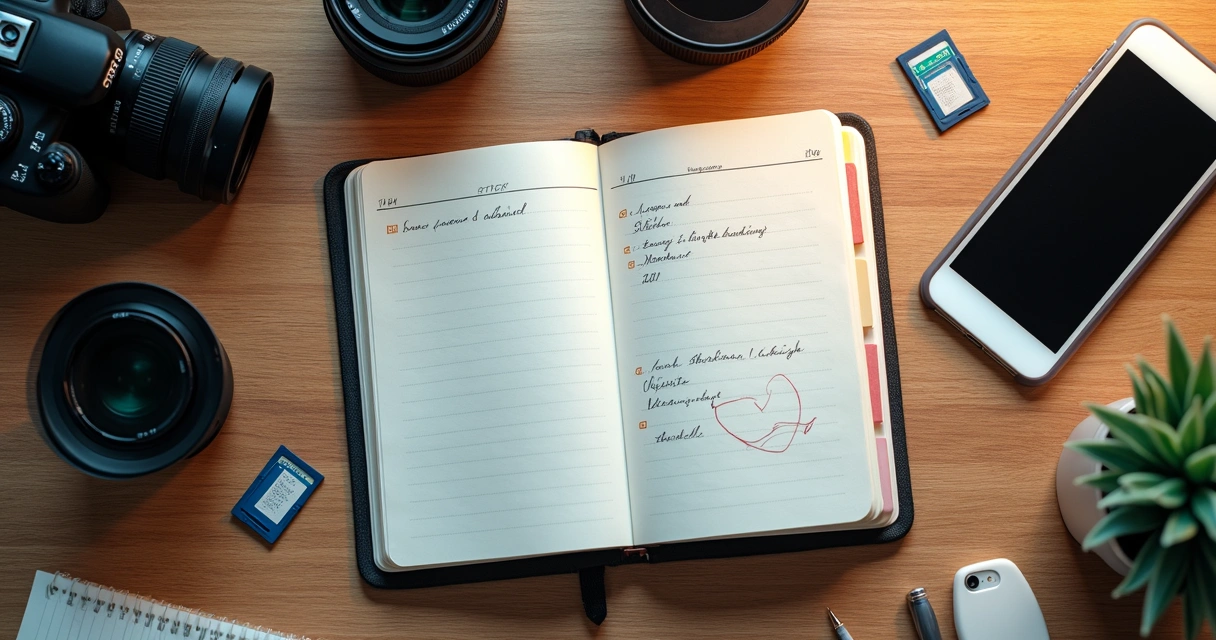 Agenda aberta com itens de fotografia e anotações em papel 