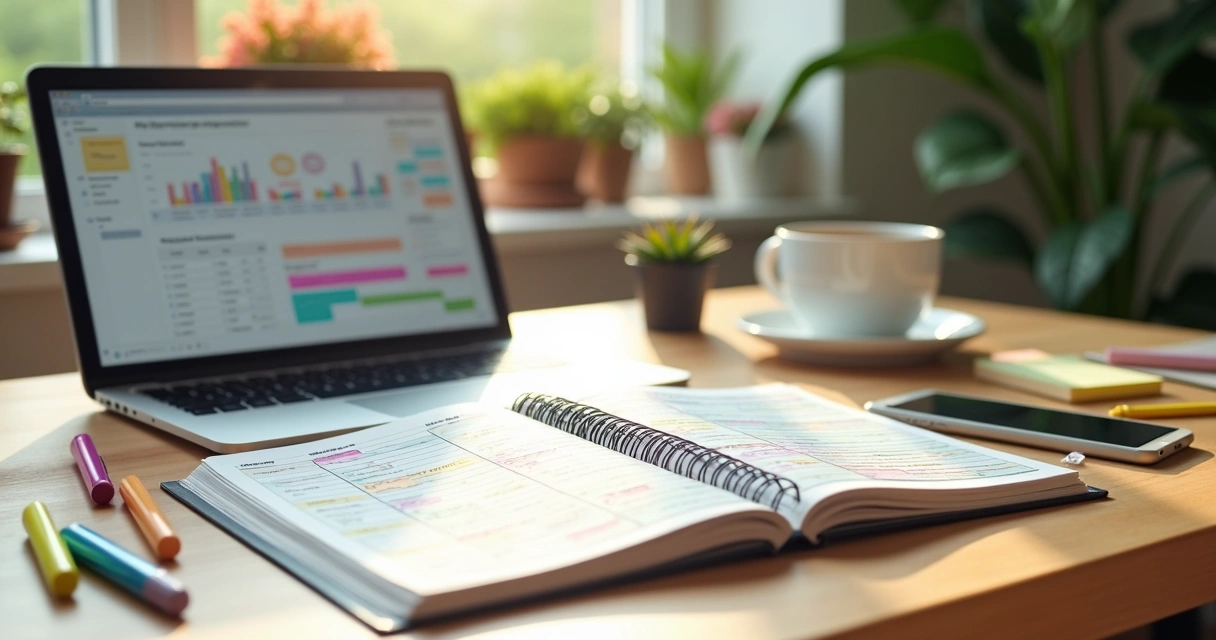 Agenda de freelancer organizada na mesa com laptop e café 