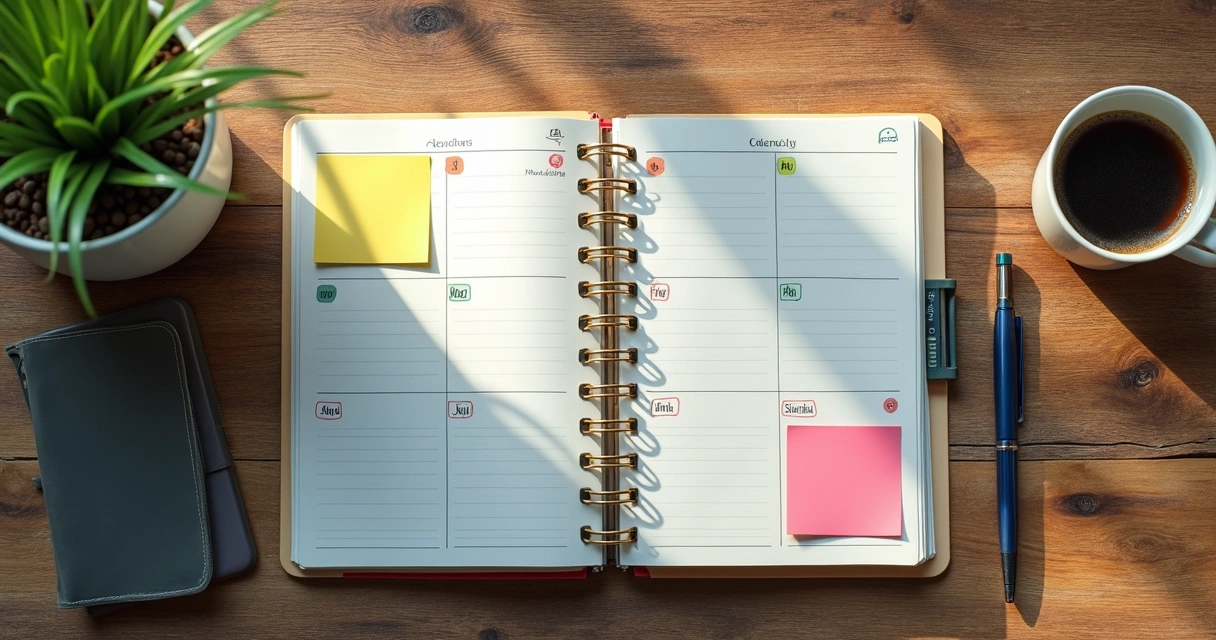 Agenda aberta e xícara de café sobre mesa de madeira 