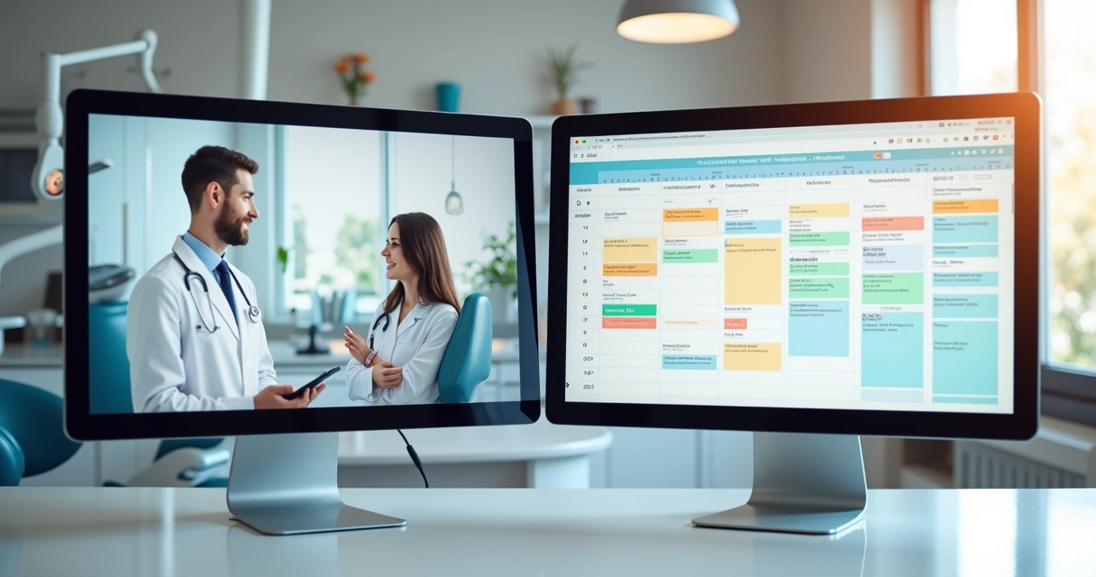 Duas telas de computador lado a lado, uma mostrando agenda compartilhada com múltiplos dentistas, outra agenda individual colorida e organizada 