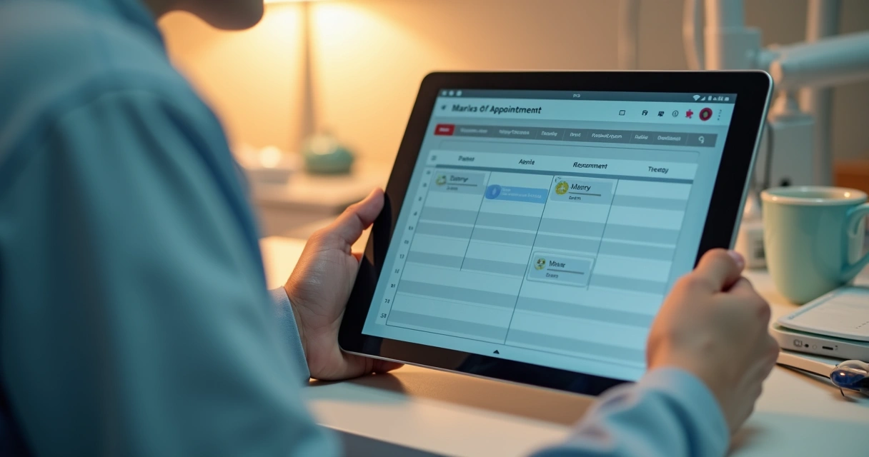 Dentista conferindo agenda individual em tablet 