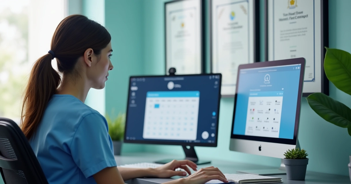 Recepção de clínica com tela de computador mostrando agenda online e WhatsApp aberto 