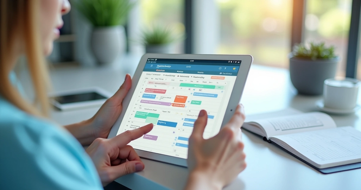 Agenda digital odontológica colorida em tela de tablet 