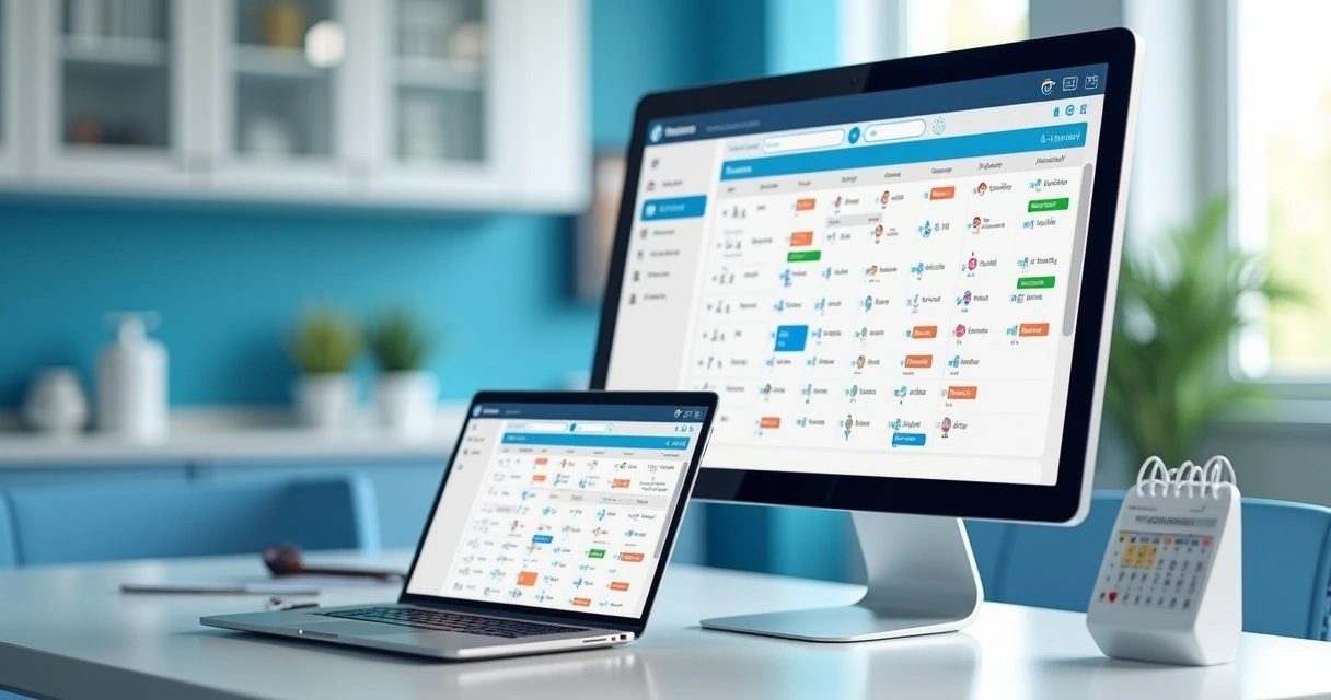 Agenda inteligente em tela de computador e celular, ambiente de clínica odontológica 