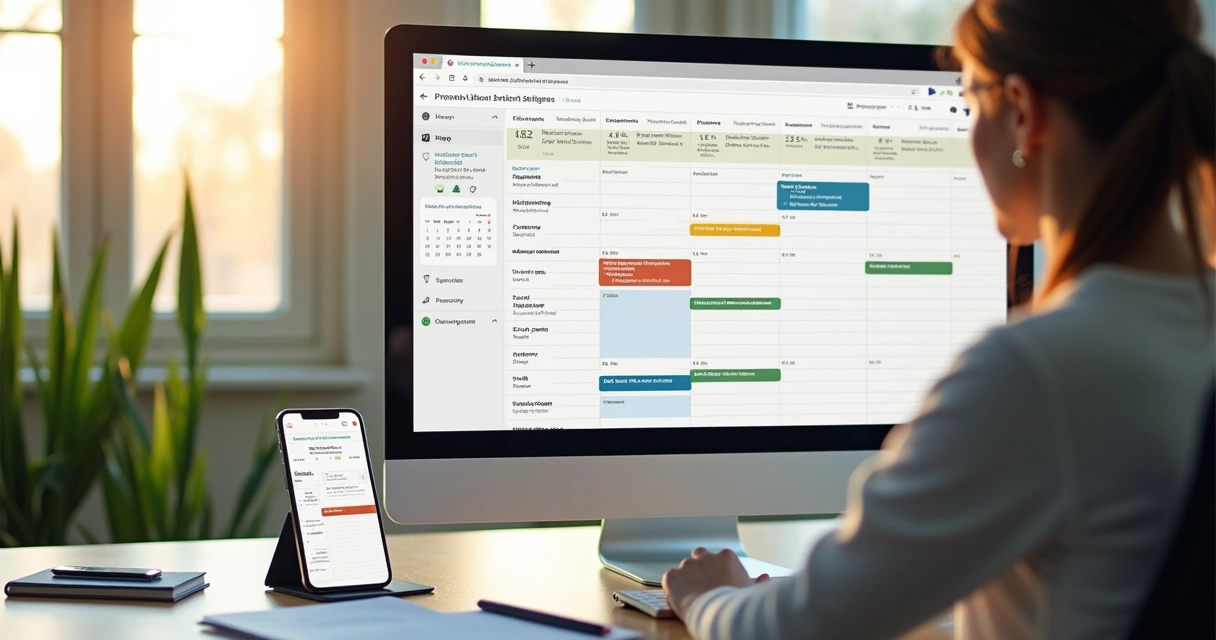 Agenda digital exibindo compromissos de uma imobiliária no computador e no celular, com notificações automatizadas