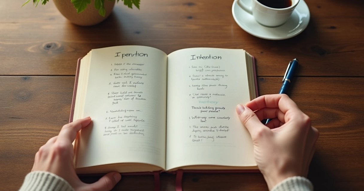 Caderno aberto com intenções do dia e pessoa refletindo antes do trabalho. 