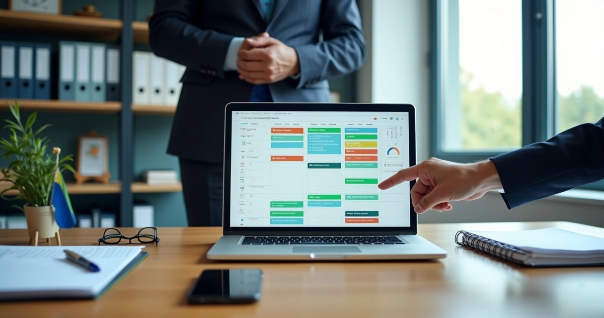 Assessor político organizando agenda legislativa digital em notebook com reunião marcada em destaque 