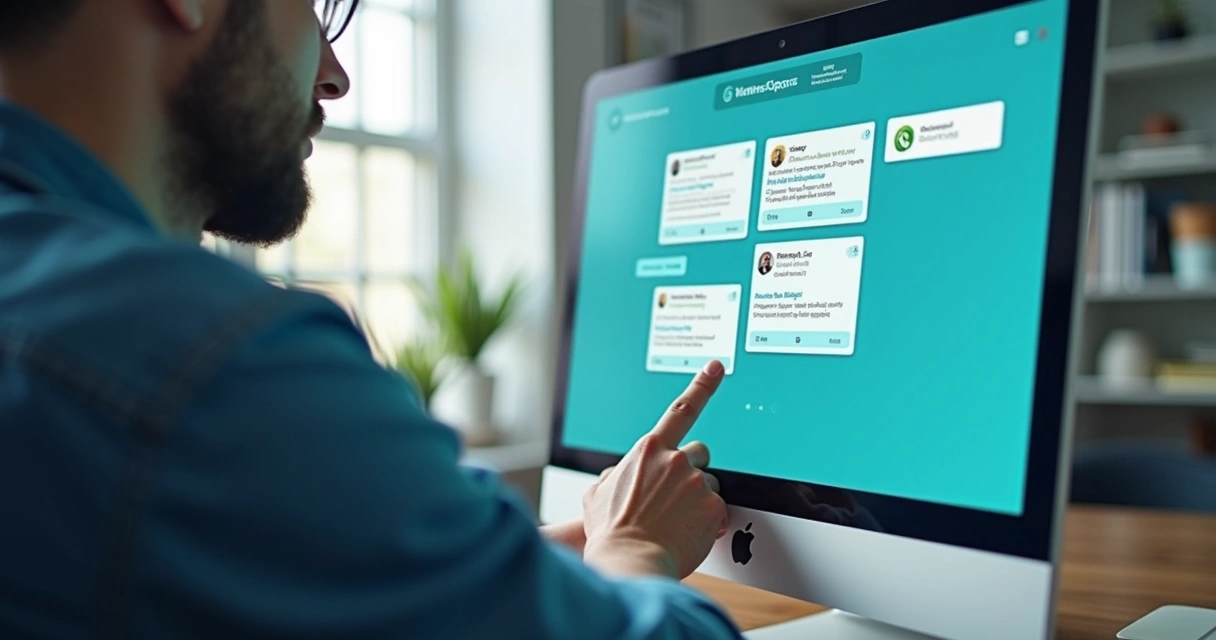 Pessoa configurando lembrete de mensagem automática em tela de WhatsApp Web com interface moderna