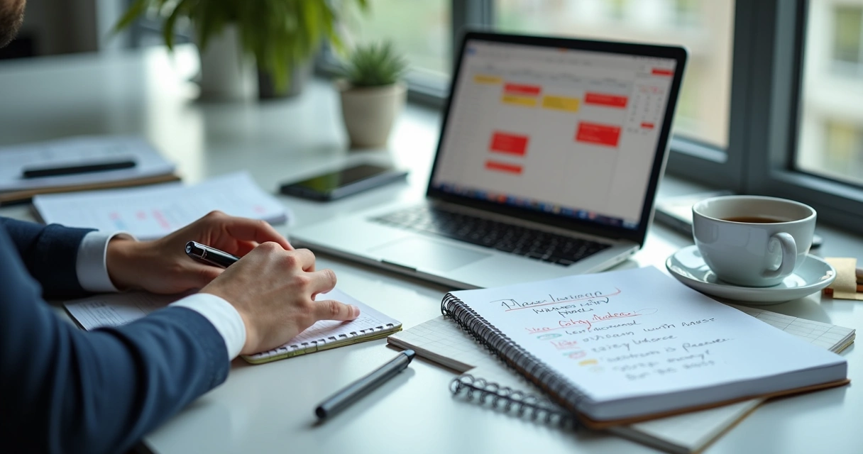 Calendário cheio e profissional revisando reuniões no escritório 