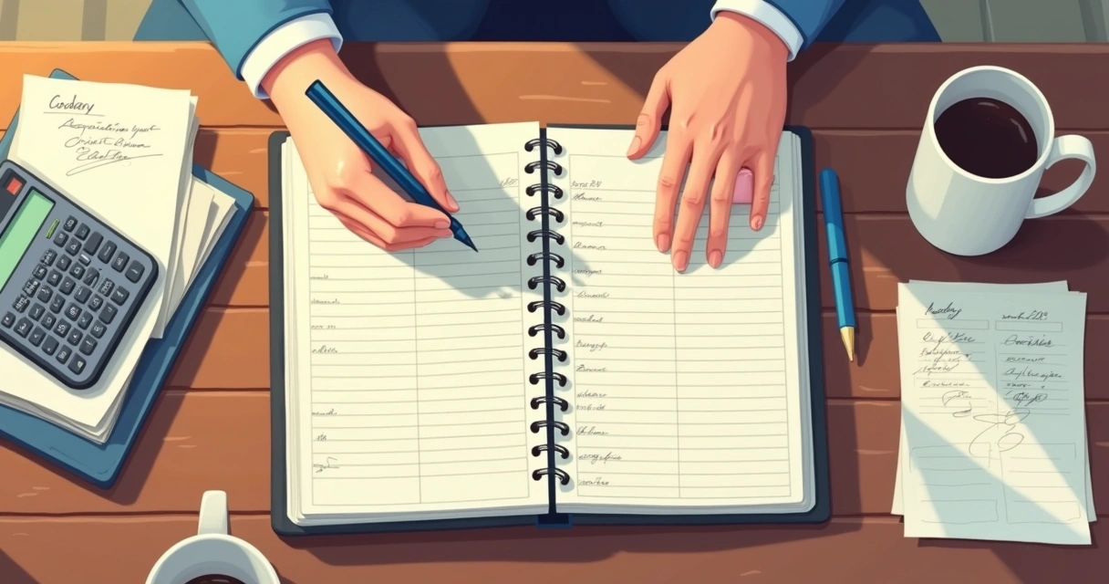 Pessoa escrevendo em agenda de papel com caneta e folhas soltas ao redor, em mesa de escritório 