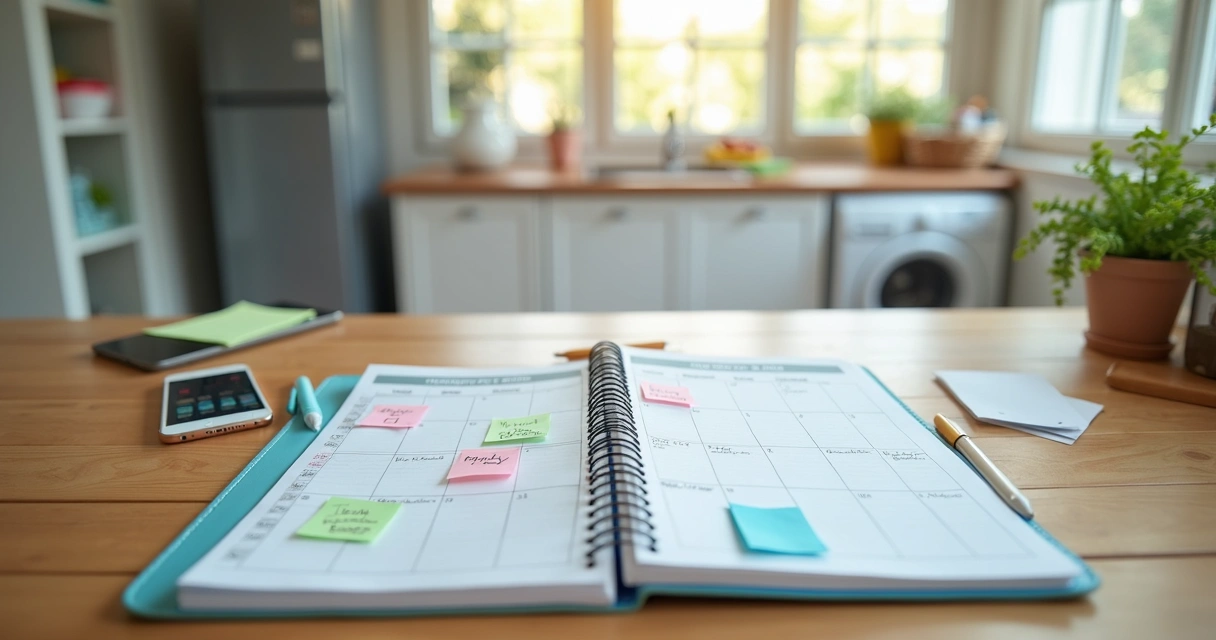 Agenda anual de manutenção com eletrodomésticos ao fundo
