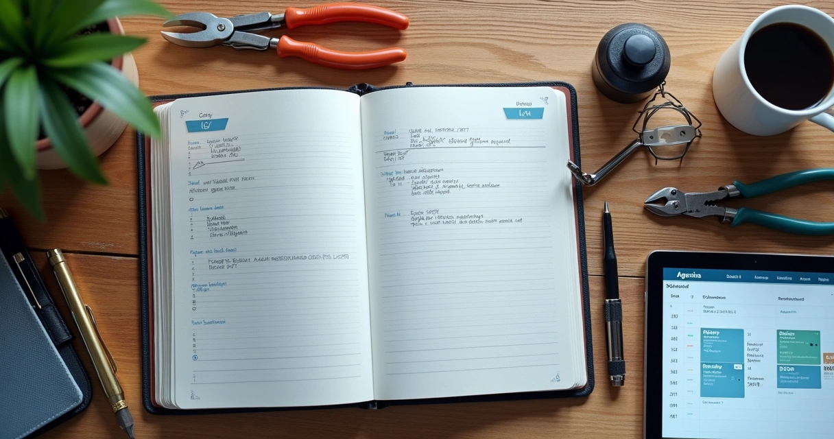 Agenda aberta com checklist de manutenção e ferramentas ao lado 