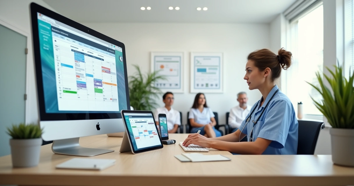 Recepcionista organizando agenda médica digital em clínica pequena 