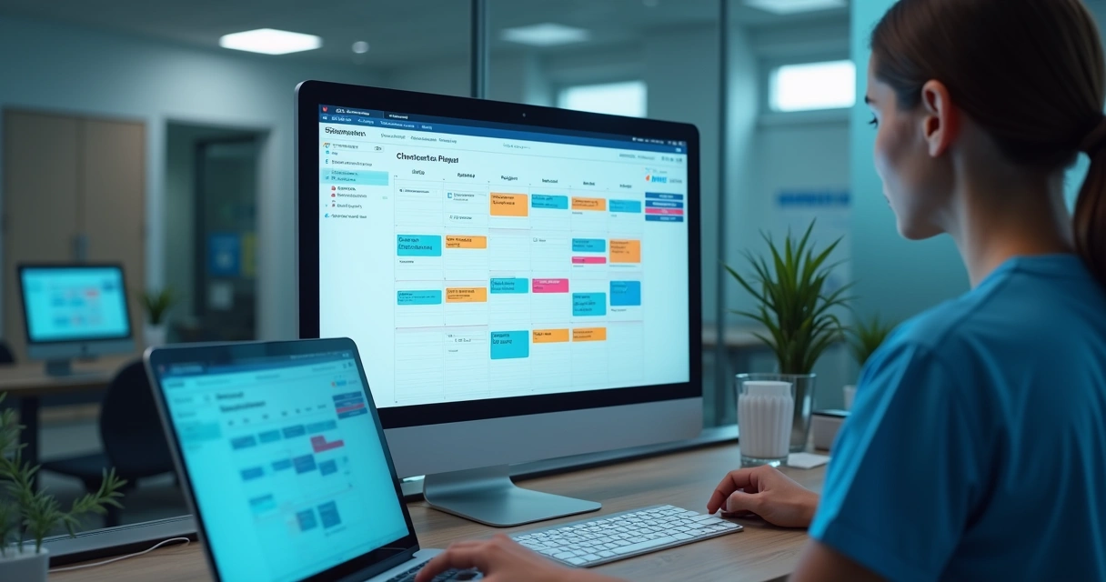 Tela de um computador mostrando calendário de agendamento digital com horários marcados e coloridos 