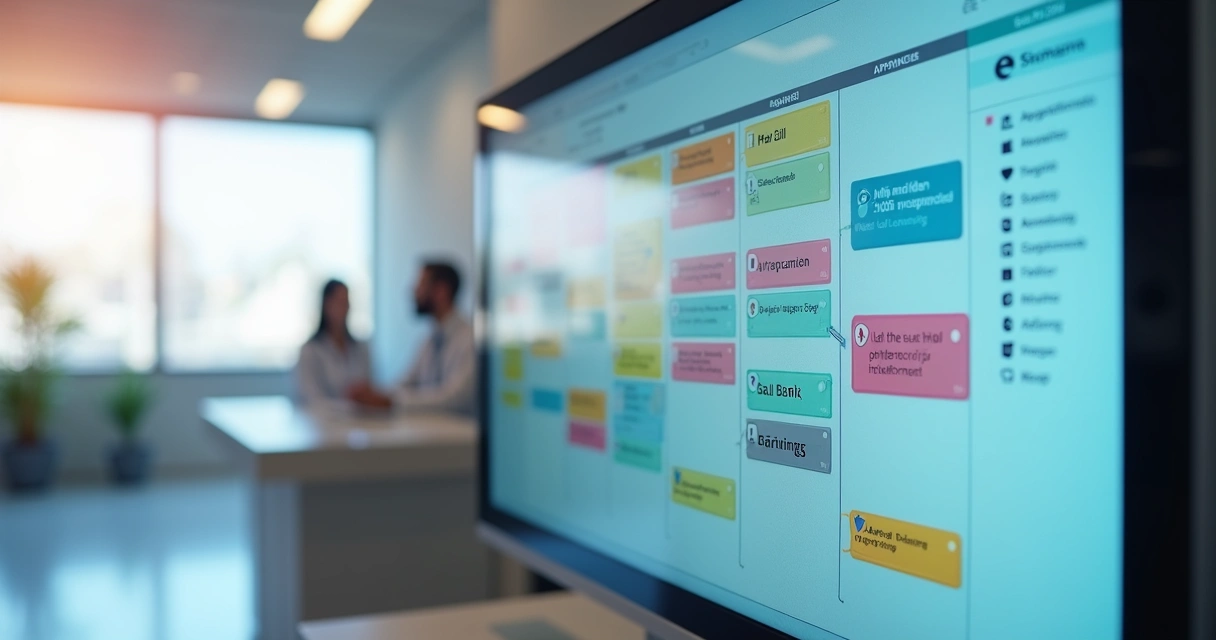 Tela de agenda médica digitalizada com colunas coloridas e lembretes de retorno 