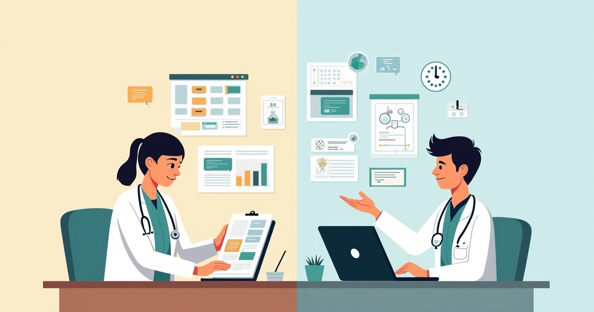 Ilustração comparando agenda médica manual e digital lado a lado com médicos usando cada tipo de agenda 