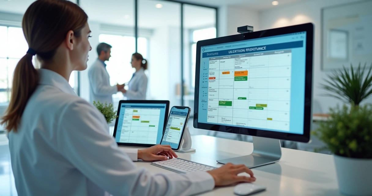 Profissional de saúde usando agenda médica online em computador na recepção da clínica 