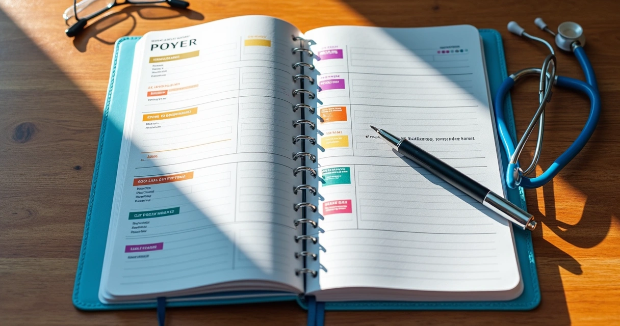 Calendário de consultas clínicas e exames para PrEP, com bloco de notas e marcações coloridas.