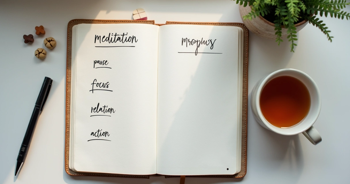 Agenda com rotina curta de meditação ao lado de xícara