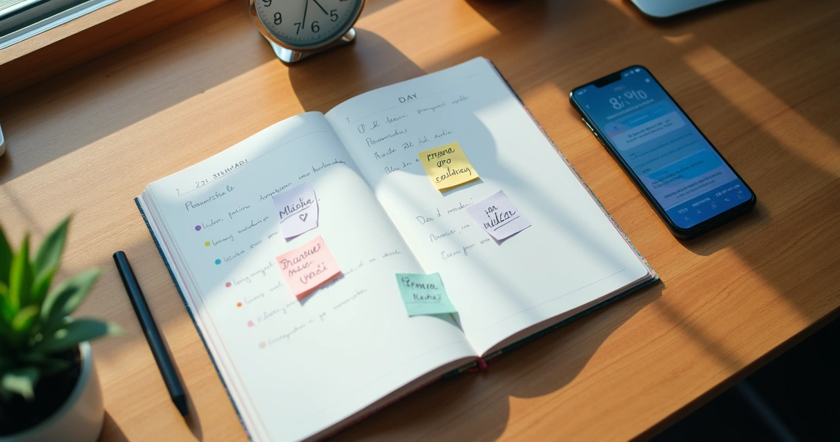 Mesa de trabalho com agenda aberta destacando tarefas futuras e lembretes coloridos 