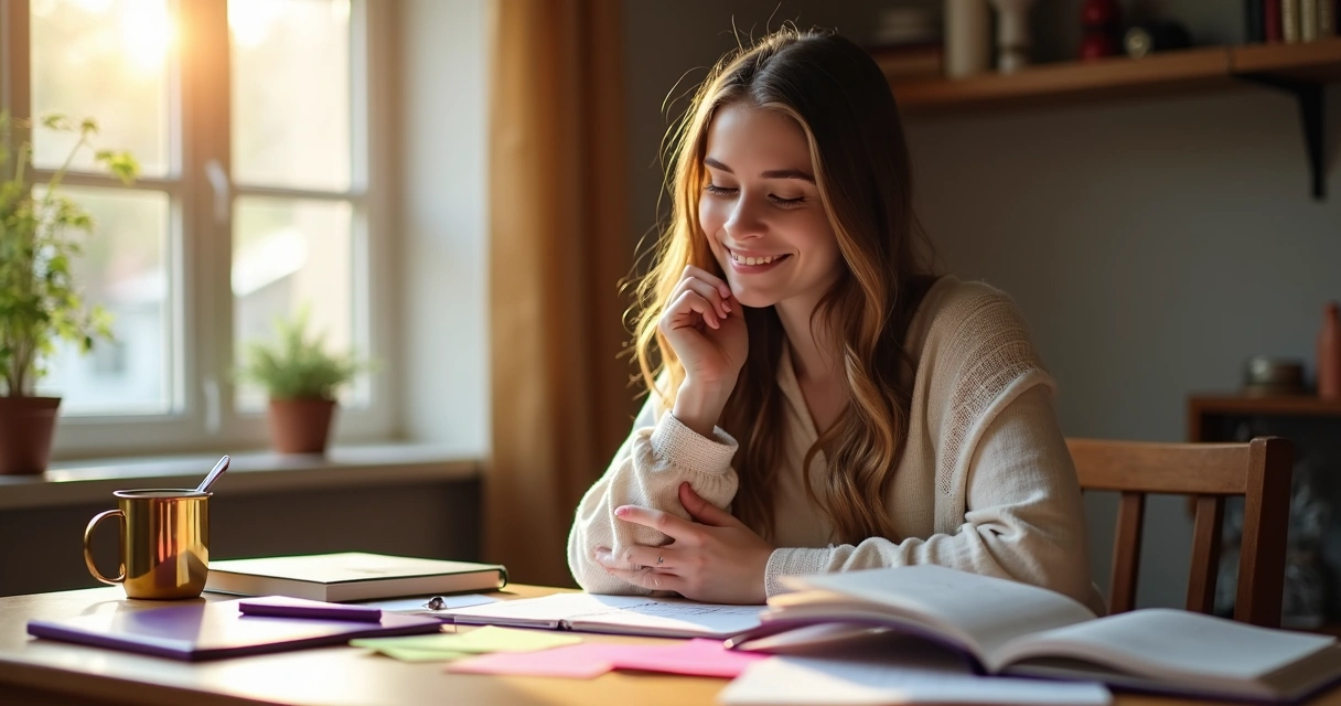Mulher cristã sentada à mesa, rodeada de agendas e livros, com expressão de confiança enquanto ora em meio à rotina cheia 