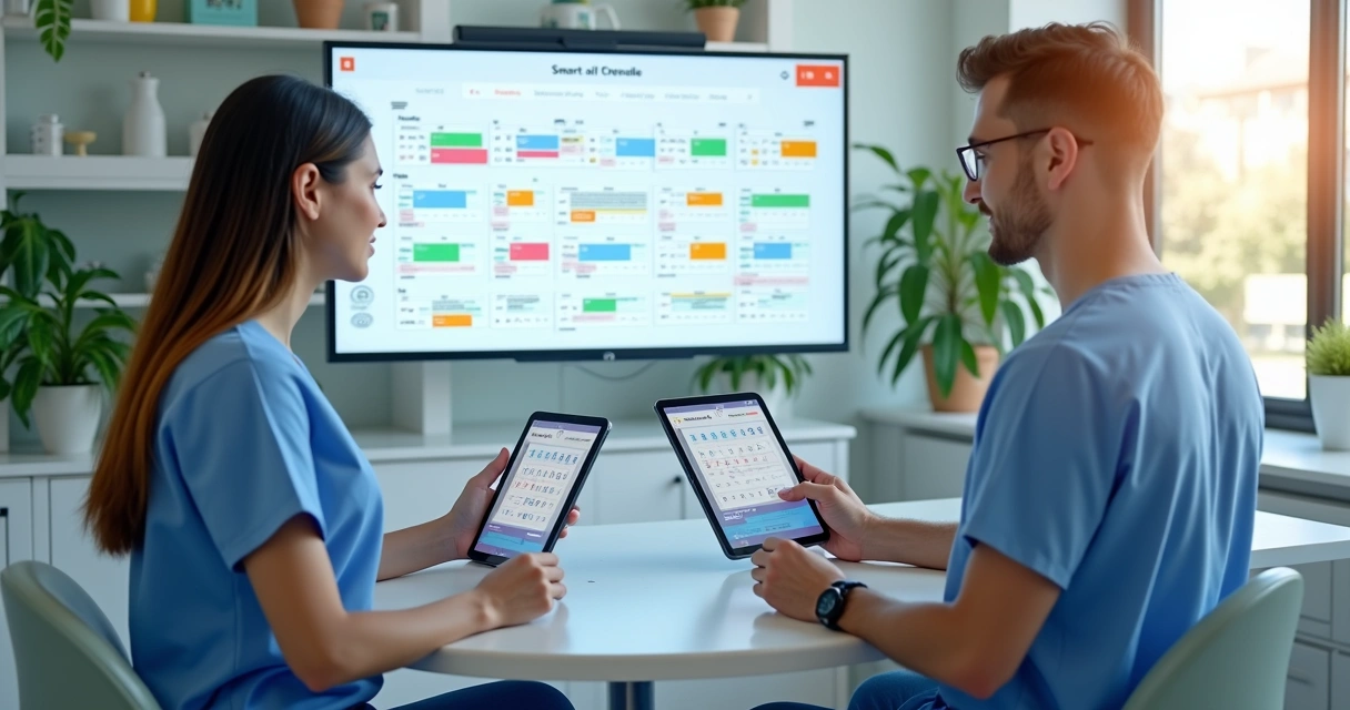 Profissionais de odontologia organizando agendas digitais em computadores e dispositivos móveis 