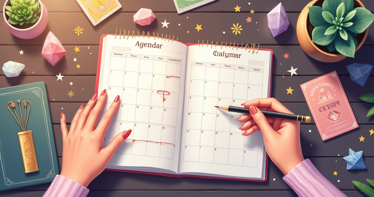 Agenda, calendário e mãos femininas segurando um lápis 