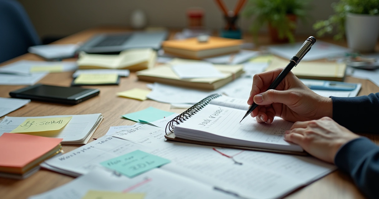 Agenda de nutricionista com anotações desorganizadas e papéis ao redor 