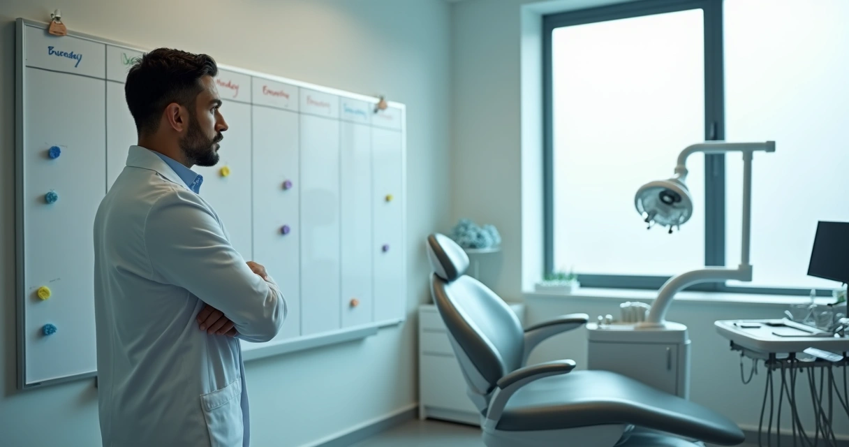 Dentista observando quadro de horários vazio em consultório odontológico 