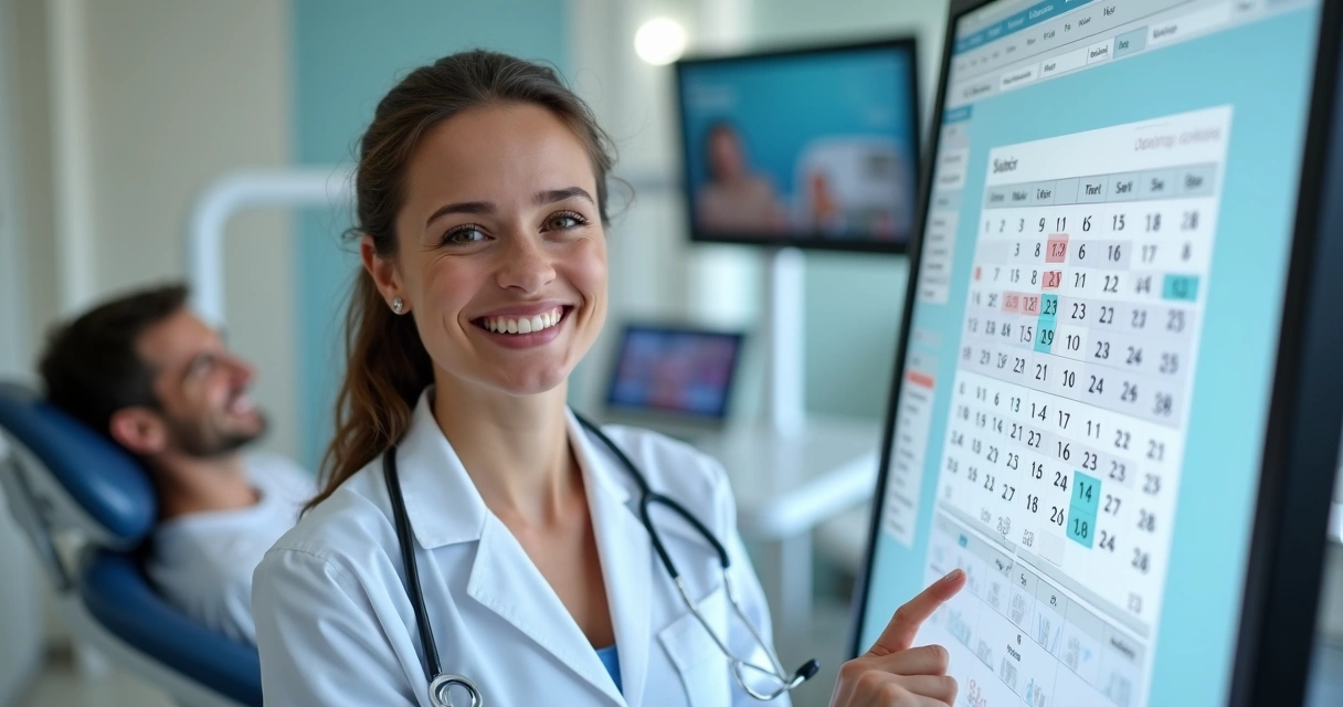Dentista sorrindo ao lado de uma agenda cheia de pacientes em consultório moderno 