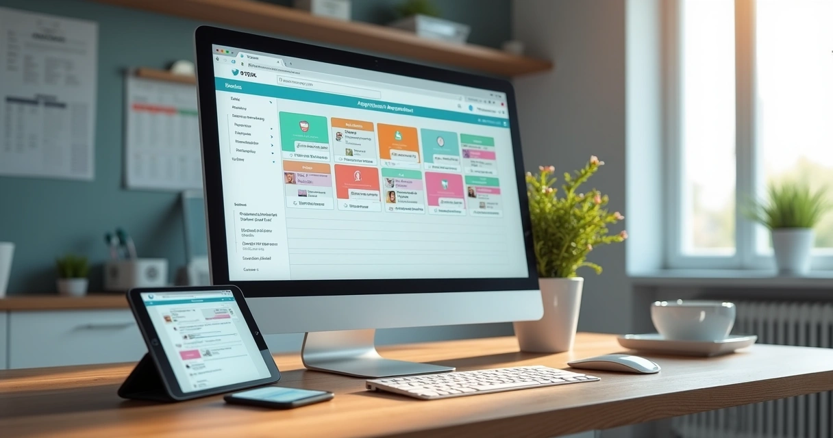 Computador e tablet exibindo agenda odontológica digital com marcação de consultas e confirmações via WhatsApp 