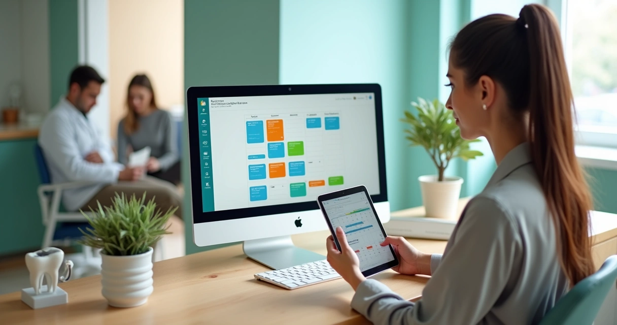 Secretária de clínica odontológica ajustando agenda digital flexível no tablet 