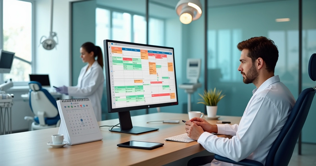 Dentista ajustando agenda digital do consultório com calendário de 2026 em destaque na tela 