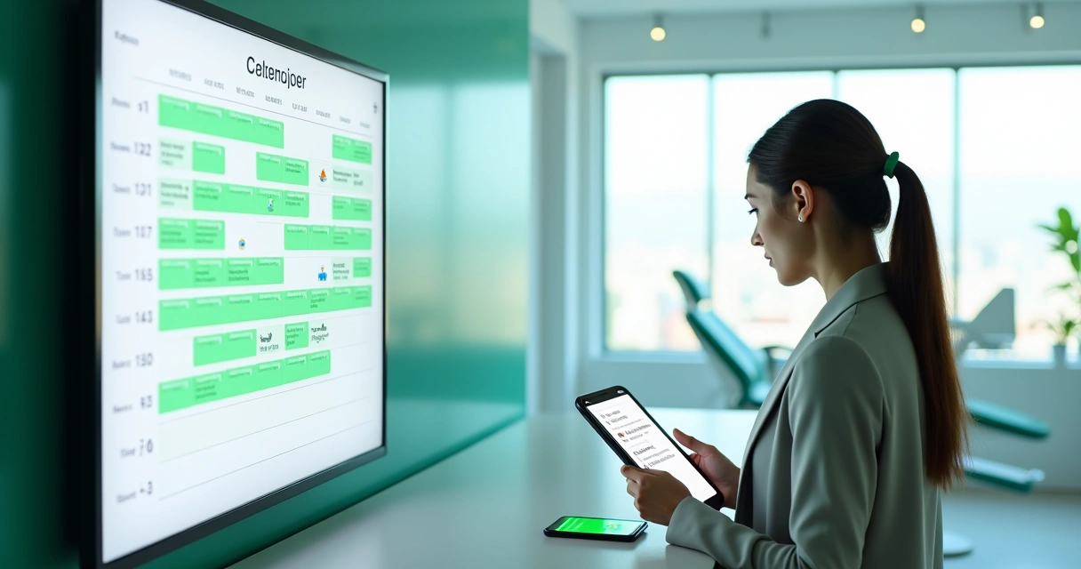 Agenda odontológica digital lotada com apoio de IA em consultório moderno 