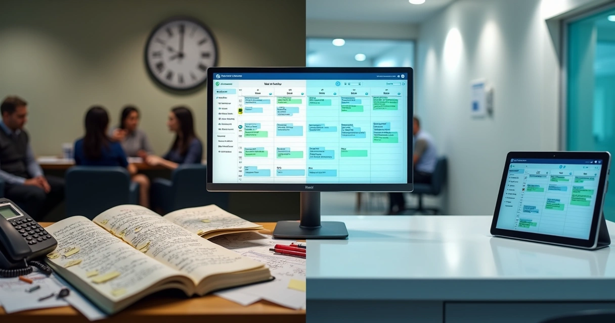 Comparação entre agenda odontológica caótica e agenda digital organizada 