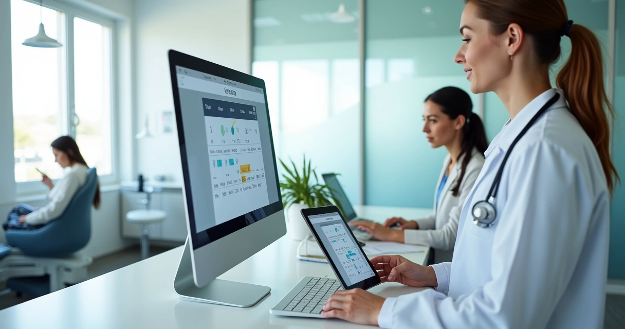 Dentista analisando agenda digital organizada em consultório odontológico moderno 