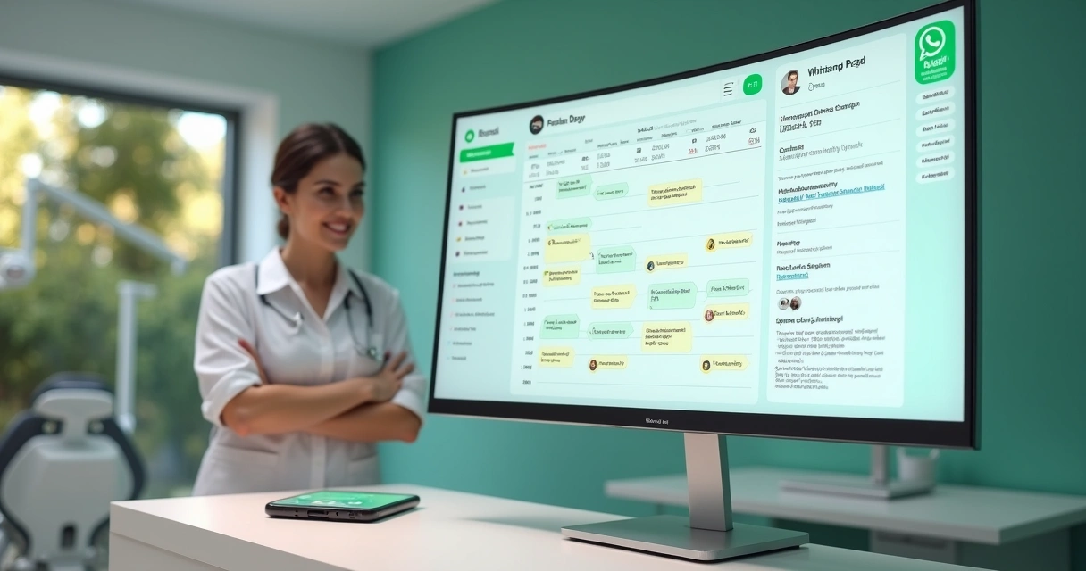Recepcionista de clínica odontológica observando agenda digital integrada ao WhatsApp com ícones de IA 