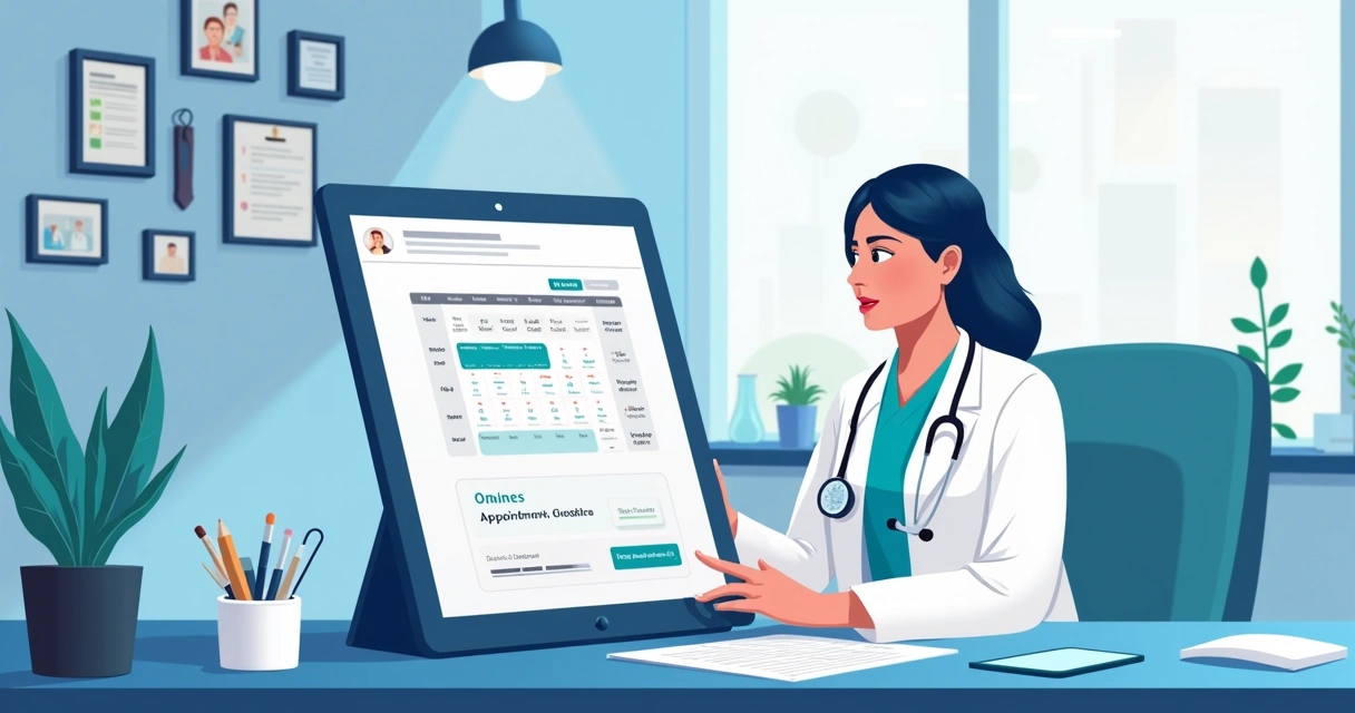 Ilustração de uma agenda médica digital aberta em uma mesa de consultório 