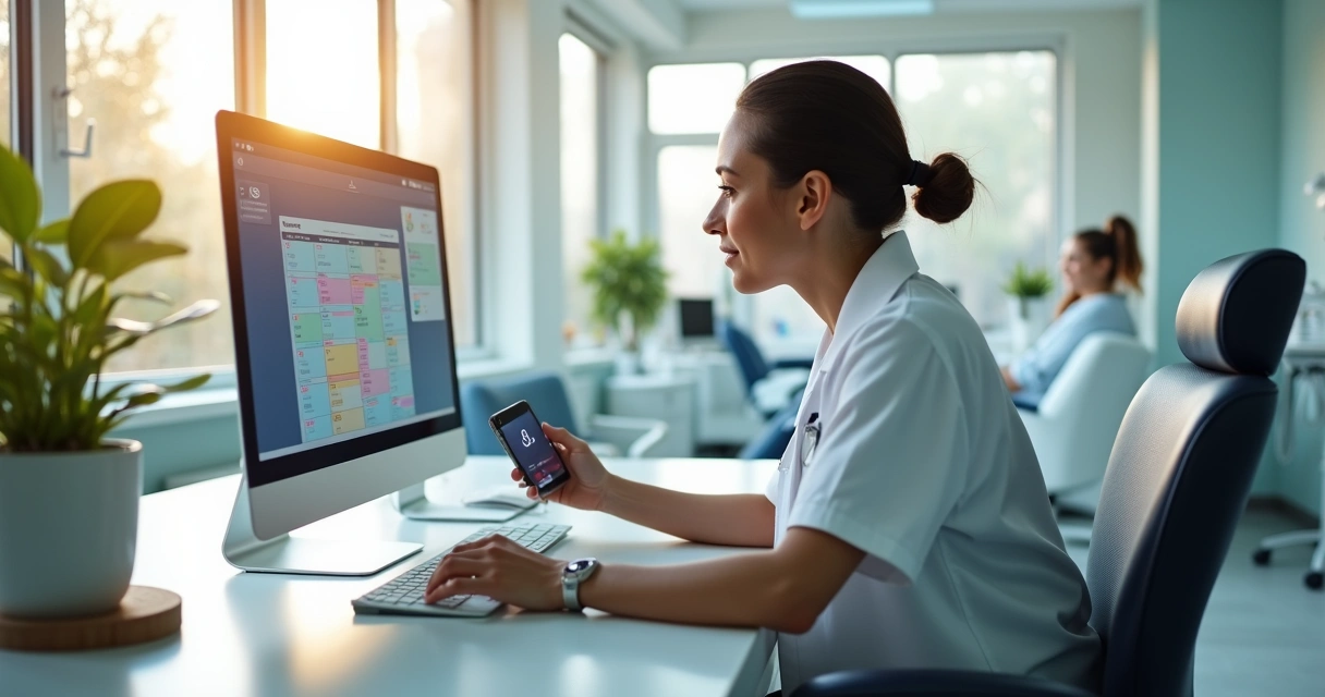 Dentista ao computador usando agenda digital na clínica